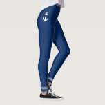 Nautical Boat Anchor Navy Blue White Stripes Leggings<br><div class="desc">Women's leggings featuring a custom designed nautical boat anchor with white ankle stripes on classic navy blue or easily customize to your favourite colour.</div>