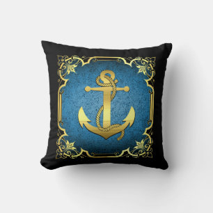 Nautical boat anchor silhouette/gold/blue/black throw pillow