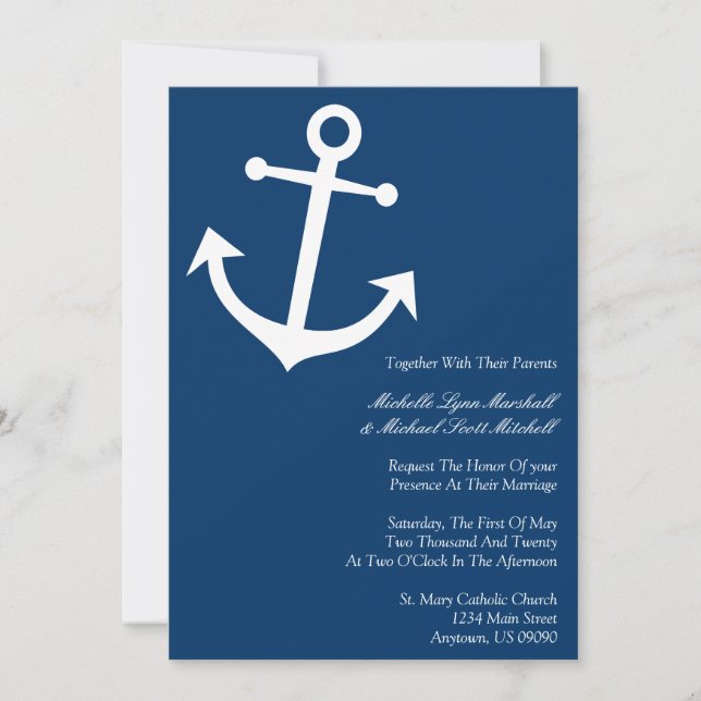 Nautical Boat Anchor Wedding Invites (Dark Blue) (Front)
