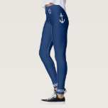 Nautical Boat Anchor White Stripes Navy Blue Leggings<br><div class="desc">Women's leggings featuring a custom designed nautical boat anchor with white stripes on classic navy blue or easily customize to your favourite colour.</div>