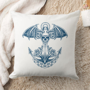Nautical boat anchor with skull and flowers throw pillow