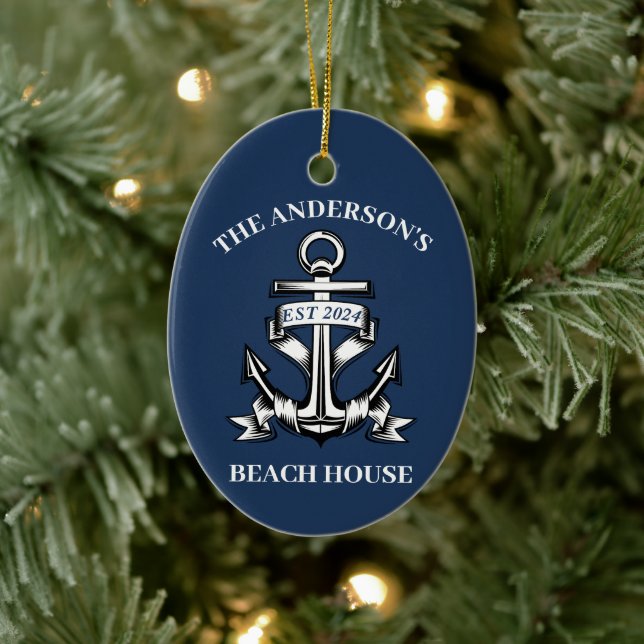 Nautical Boat Beach House Anchor Family Name Est  Ceramic Ornament (Tree)