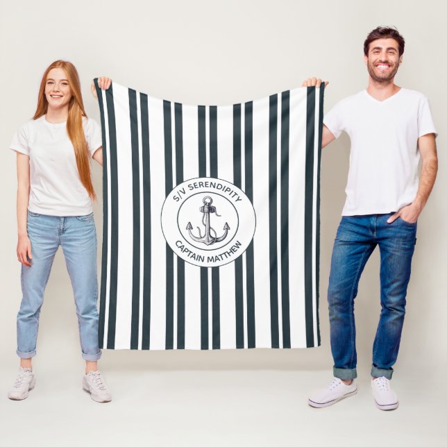 Nautical Boat Captain Name Anchor Blue White Fleece Blanket (In Situ)