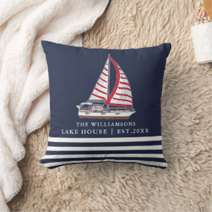 Nautical Boat Custom Navy Blue Lake House Throw Pillow
