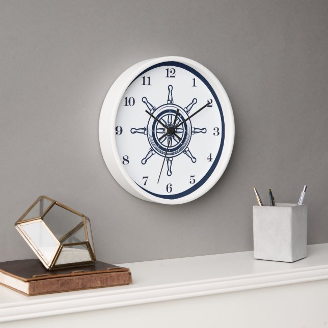 Nautical Boat House Beach Coastal Ship Wheel  Clock (Office)