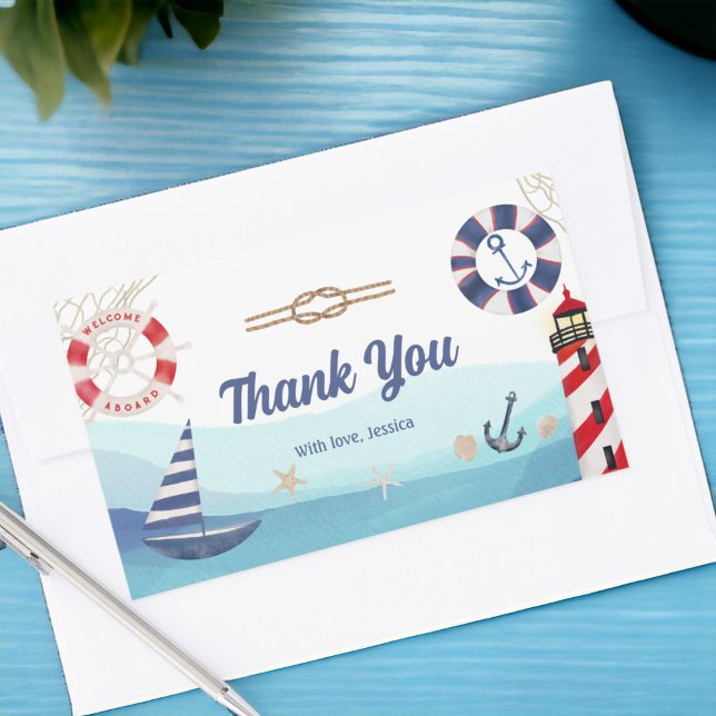 Nautical boat lighthouse blue red thank you sticker (Nautical boat lighthouse blue red thank you rectangular sticker)