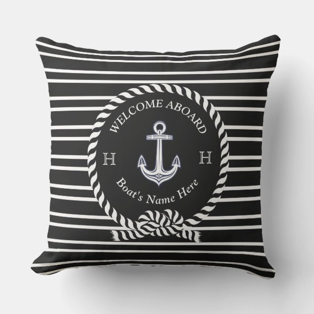 Nautical Boat Name Anchor Black White Welcome  Outdoor Pillow (Front)