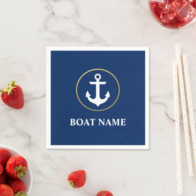 Nautical Boat Name Anchor Blue Gold Cocktail Napkin (Insitu)