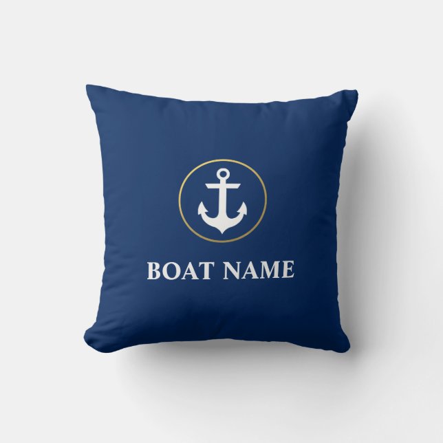 Nautical Boat Name Anchor Blue Gold Throw Pillow (Front)