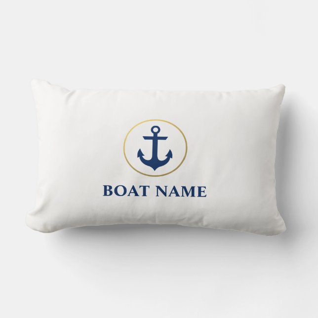 Nautical Boat Name Anchor Blue White Gold Lumbar Pillow (Front)
