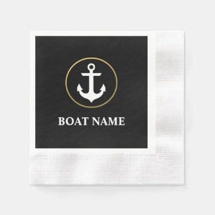 Nautical Boat Name Anchor Cocktail Black Gold Napkin