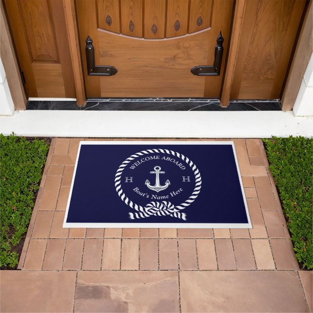 Nautical Boat Name Anchor Dark Navy Blue Welcome  Doormat (Outdoor)