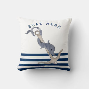 Nautical Boat Name,Anchor Dolphin Blue Striped  Throw Pillow