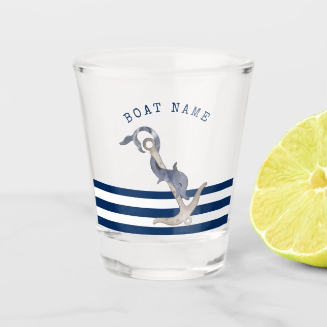 Nautical Boat Name,Anchor Dolphin Navy Blue    Shot Glass (Front)