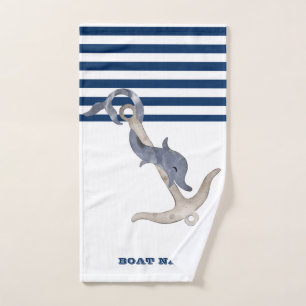 Nautical Boat Name,Anchor Dolphin Navy Blue Stripe Bath Towel Set