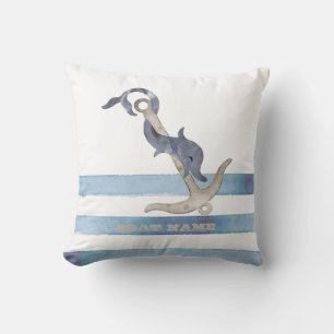 Nautical Boat Name,Anchor Dolphin Stripes  Throw Pillow
