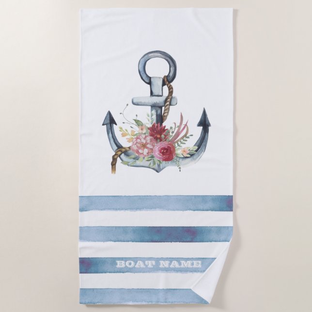 Nautical Boat Name,Anchor Flowers Stripes Beach Towel (Front)