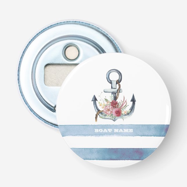 Nautical Boat Name,Anchor Flowers Stripes Bottle Opener (Front)