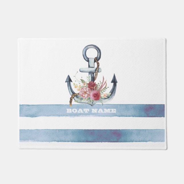 Nautical Boat Name,Anchor Flowers Stripes Doormat (Front)