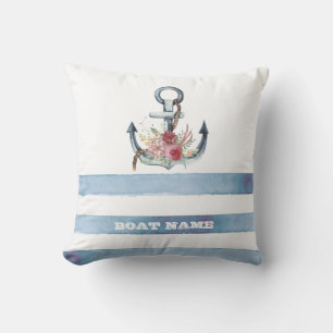 Nautical Boat Name,Anchor Flowers Stripes Throw Pillow