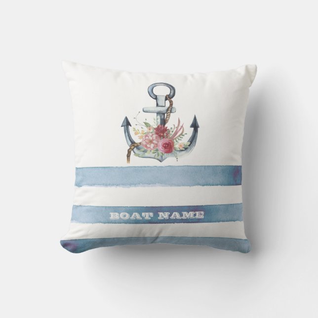 Nautical Boat Name,Anchor Flowers Stripes Throw Pillow (Front)