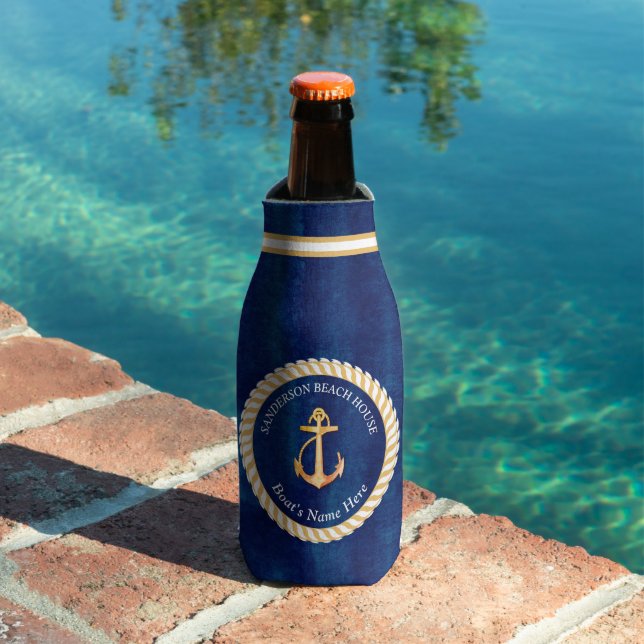 Nautical Boat Name Anchor Navy Blue and Yellow Bottle Cooler (In Situ Pool)