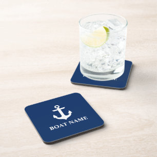 Nautical Boat Name Anchor Navy Blue Coaster