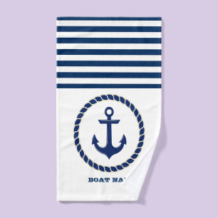 Nautical Boat Name,Anchor Navy Blue Striped Bath Towel Set
