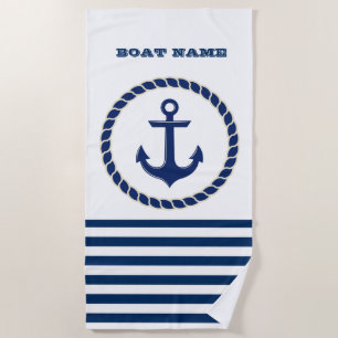 Nautical Boat Name,Anchor Navy Blue Striped Beach Towel