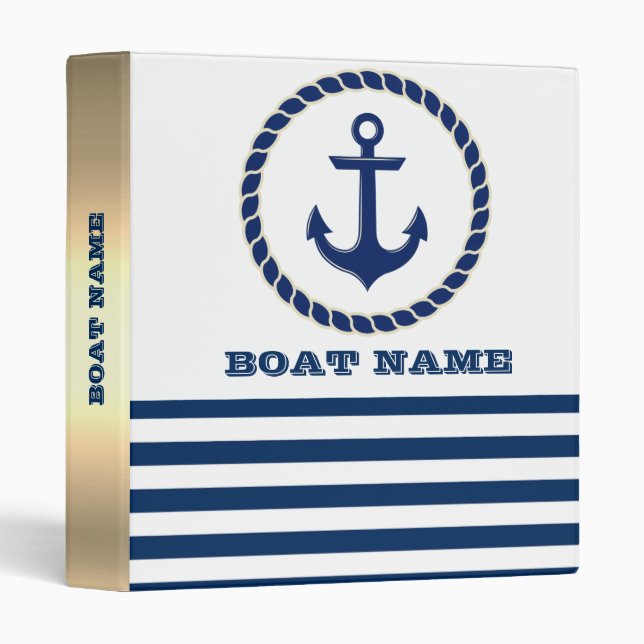 Nautical Boat Name,Anchor Navy Blue Striped Binder (Front/Spine)