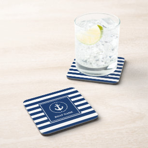 Nautical Boat Name Anchor Navy Blue Striped Coaster