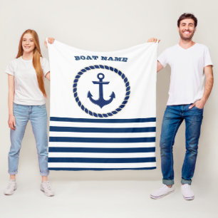 Nautical Boat Name,Anchor Navy Blue Striped Fleece Blanket