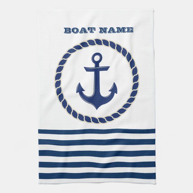 Nautical Boat Name,Anchor Navy Blue Striped Kitchen Towel (Vertical)