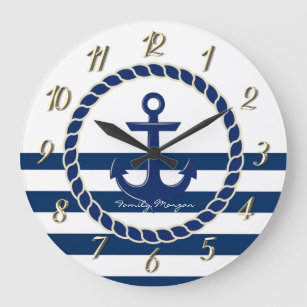 Nautical Boat Name,Anchor Navy Blue Striped Large Clock