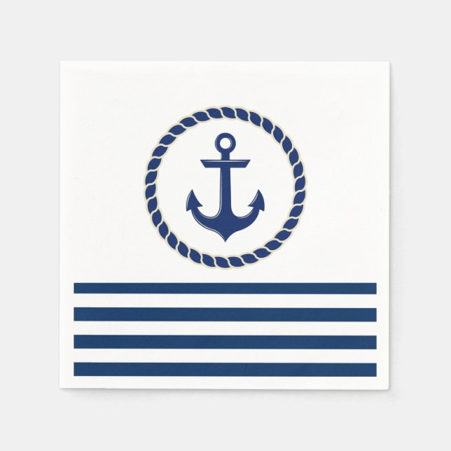 Nautical Boat Name,Anchor Navy Blue Striped Napkin (Front)