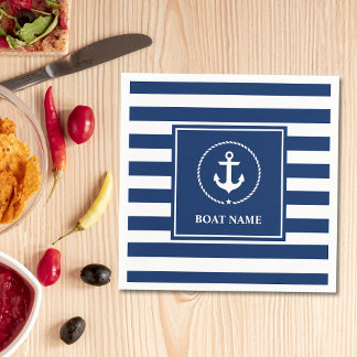 Nautical Boat Name Anchor Navy Blue Striped Napkin