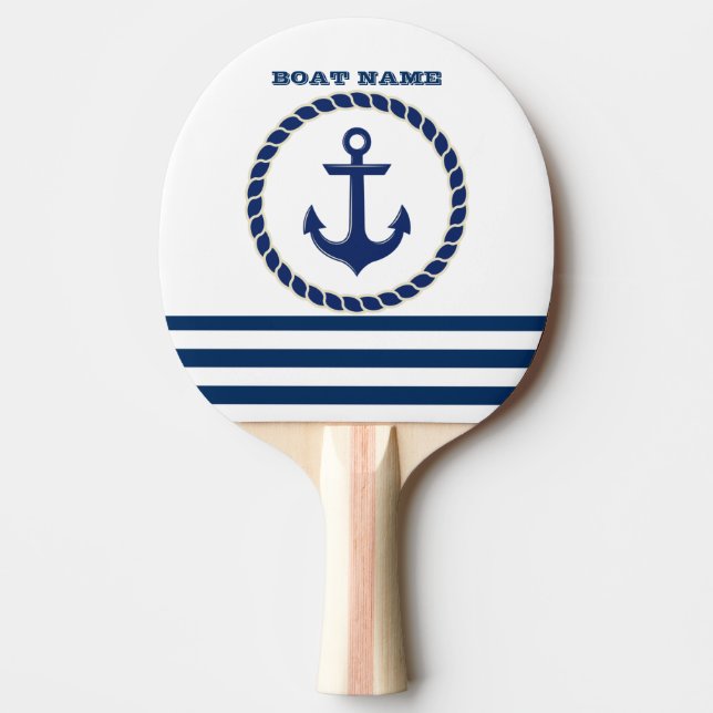 Nautical Boat Name,Anchor Navy Blue Striped Ping Pong Paddle (Front)