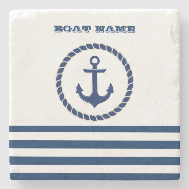 Nautical Boat Name,Anchor Navy Blue Striped Stone Coaster (Front)