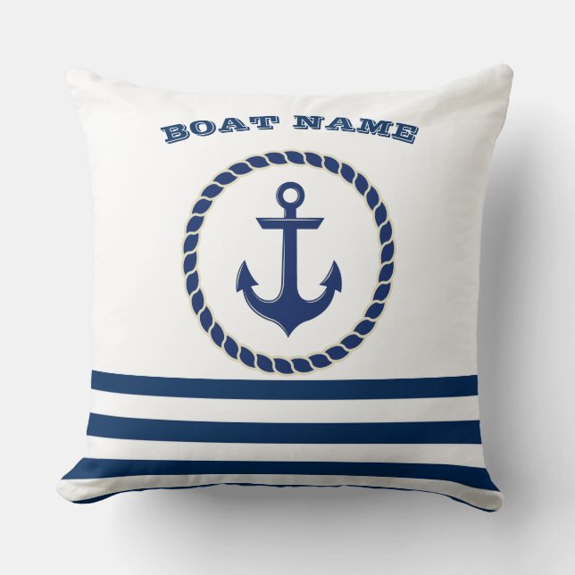Nautical Boat Name,Anchor Navy Blue Striped Throw Pillow (Front)