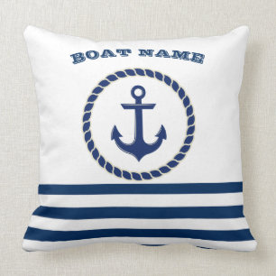 Nautical Boat Name,Anchor Navy Blue Striped Throw Pillow