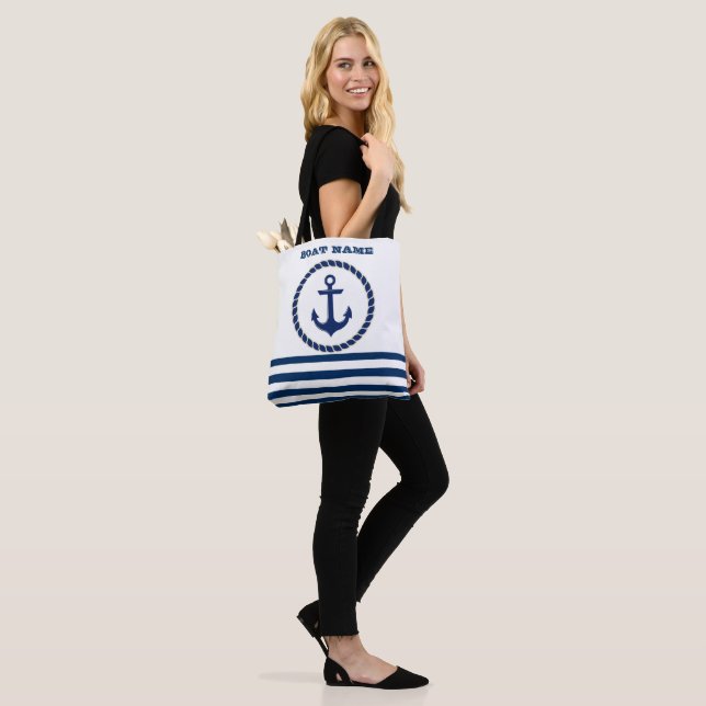 Nautical Boat Name,Anchor Navy Blue Striped Tote Bag (On Model)