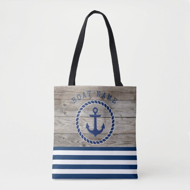 Nautical Boat Name,Anchor Navy Blue Striped Wood Tote Bag (Front)