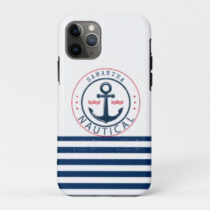 Nautical, Boat Name,Anchor Navy Blue Stripes iPhone 11 Pro Case