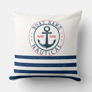 Nautical, Boat Name,Anchor Navy Blue Stripes Throw Pillow