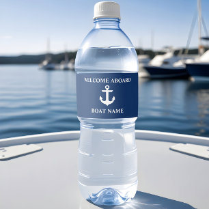 Nautical Boat Name Anchor Navy Blue Welcome Aboard Water Bottle Label