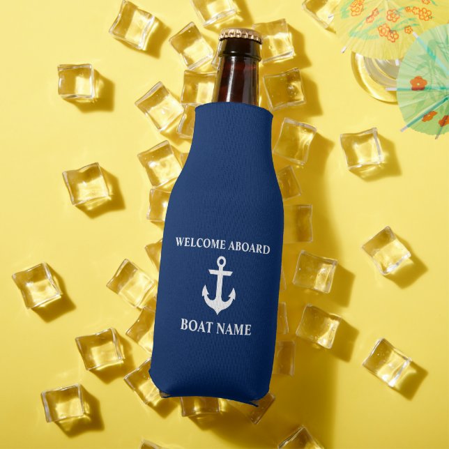 Nautical Boat Name Anchor Navy Blue Welcome Bottle Cooler (In Situ Summer)