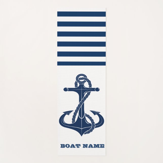 Nautical Boat Name,Anchor  Navy Blue White Striped Yoga Mat (Front)