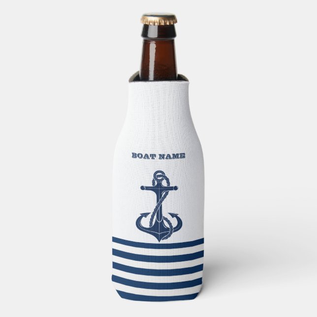 Nautical Boat Name,Anchor  Navy Blue White Stripes Bottle Cooler (Bottle Front)