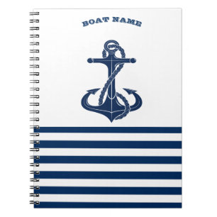 Nautical Boat Name,Anchor  Navy Blue White Stripes Notebook