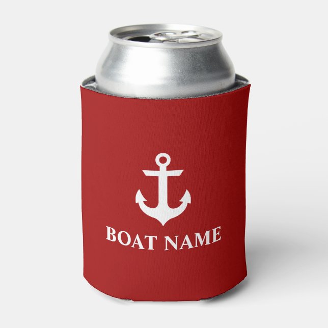 Nautical Boat Name Anchor Red Can Cooler (Can Front)